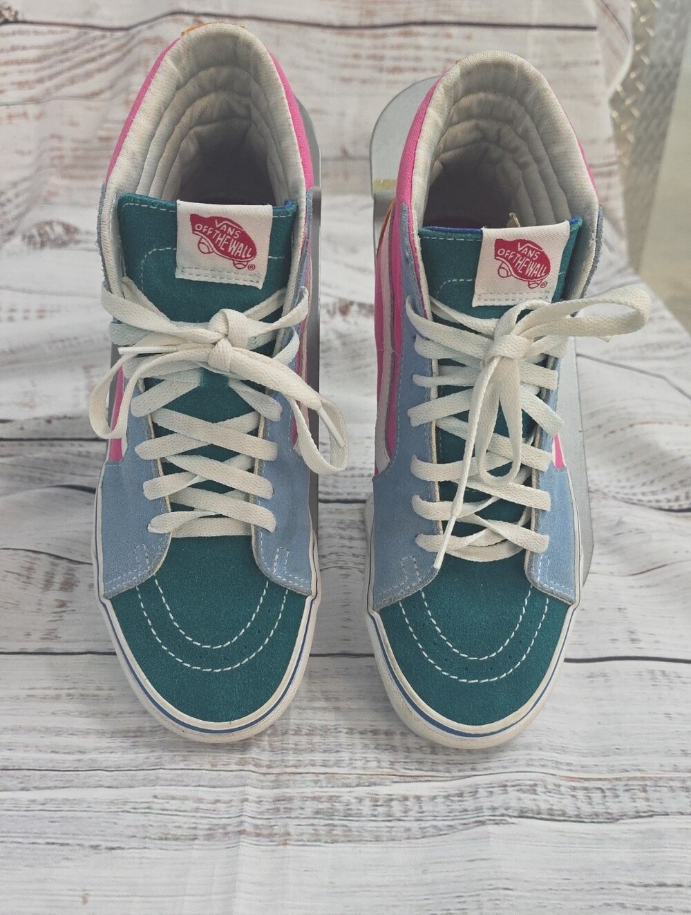 Vans Women High-Top Sneakers in Teal Green, Light Blue, Mustard & Pink
